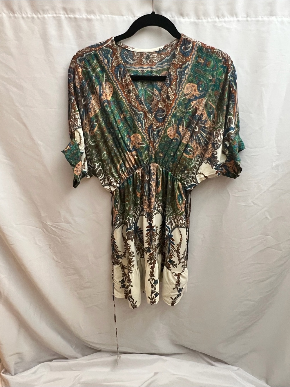 SHEIN Paisley Boho Kimono Mini Dress Green Brown Cream Size L